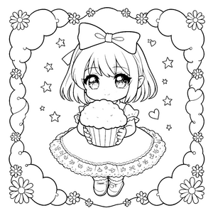 Verspieltes Kawaii-Mädchen mit Cupcake Bastelmotiv für neugierige Backfreunde