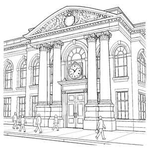 Imposante Bank mit Uhr Malbild für verträumte Stadtforscher