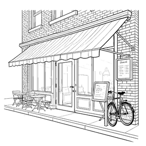 Gemütliches Café mit Fahrrad Malvorlage für kreative Kaffeeliebhaber