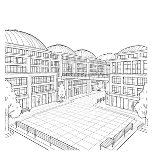Imposantes Einkaufszentrum mit Kuppeldächern Malvorlage für kleine Architekturfans