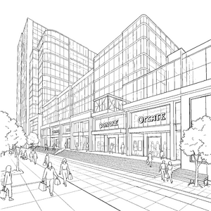 Modernes Einkaufszentrum mit Treppen und Bäumen Ausmalbild für kreative Stadtbewohner