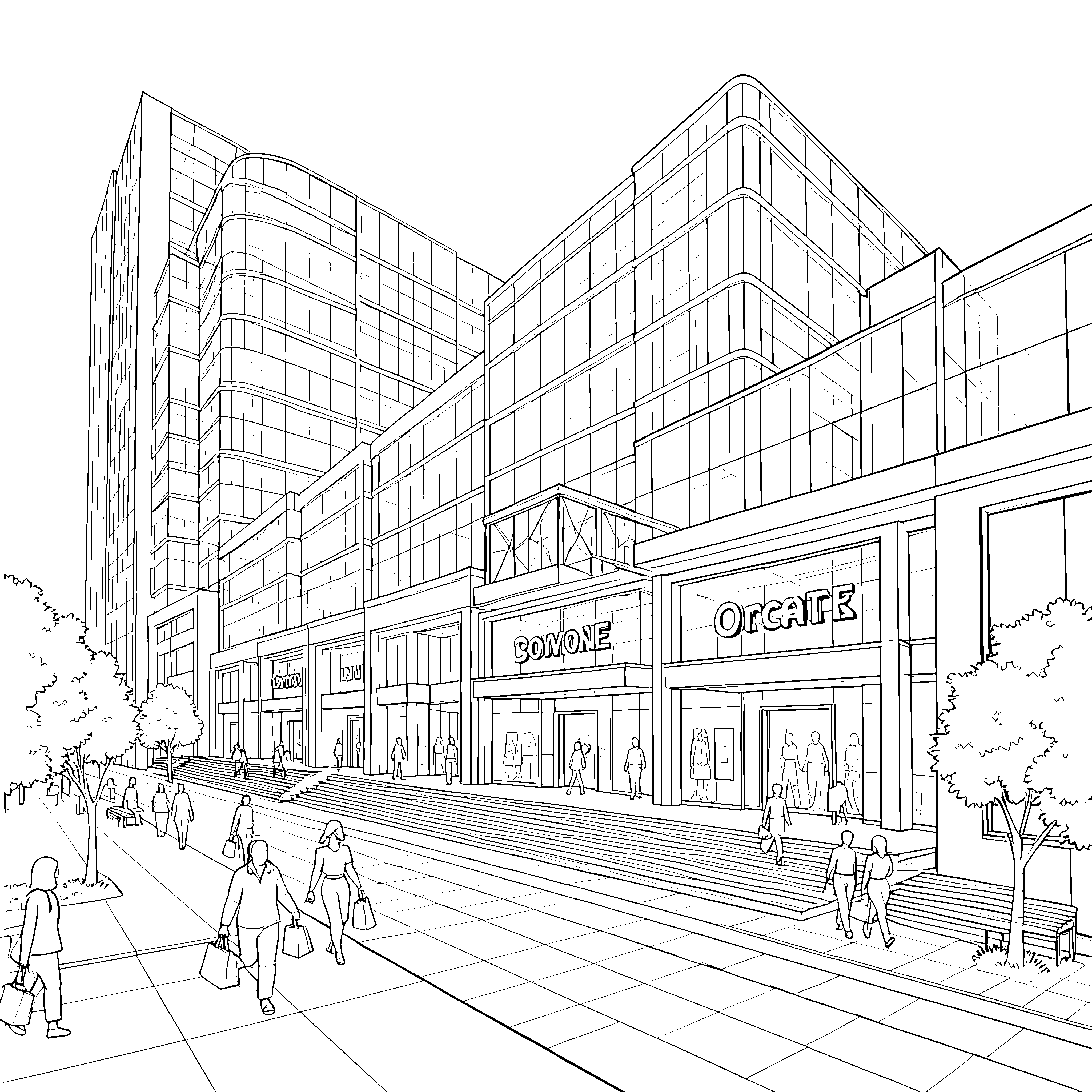 Modernes Einkaufszentrum mit Treppen und Bäumen Ausmalbild für kreative Stadtbewohner