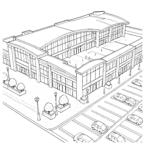 Modernes Einkaufszentrum mit Parkplatz Ausmalbild für fröhliche Parkplatzfreunde