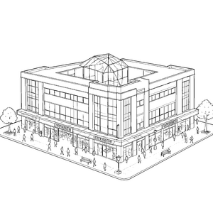Modernes Einkaufszentrum mit Glasdach Ausmalvorlage für fröhliche Stadtbummler