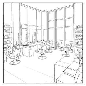 Moderner Friseursalon mit Spiegeln Ausmalbild für Hairstyling-Fans