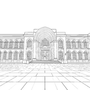 Majestätisches Museum mit Rundbogenfenstern Bastelmotiv für junge Architekturfans
