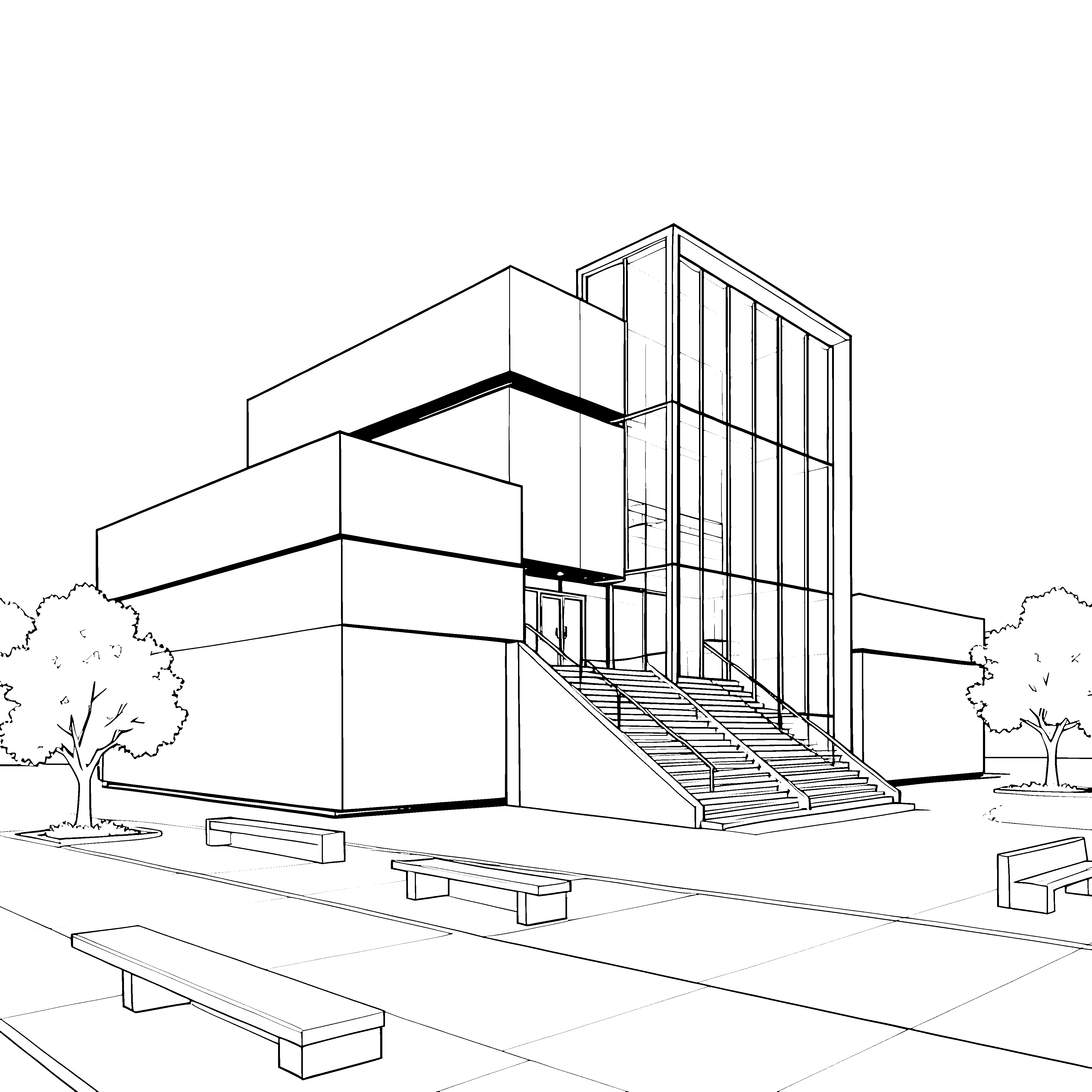 Modernes Museum mit Glasfassade Malvorlage für fröhliche Architekturbegeisterte
