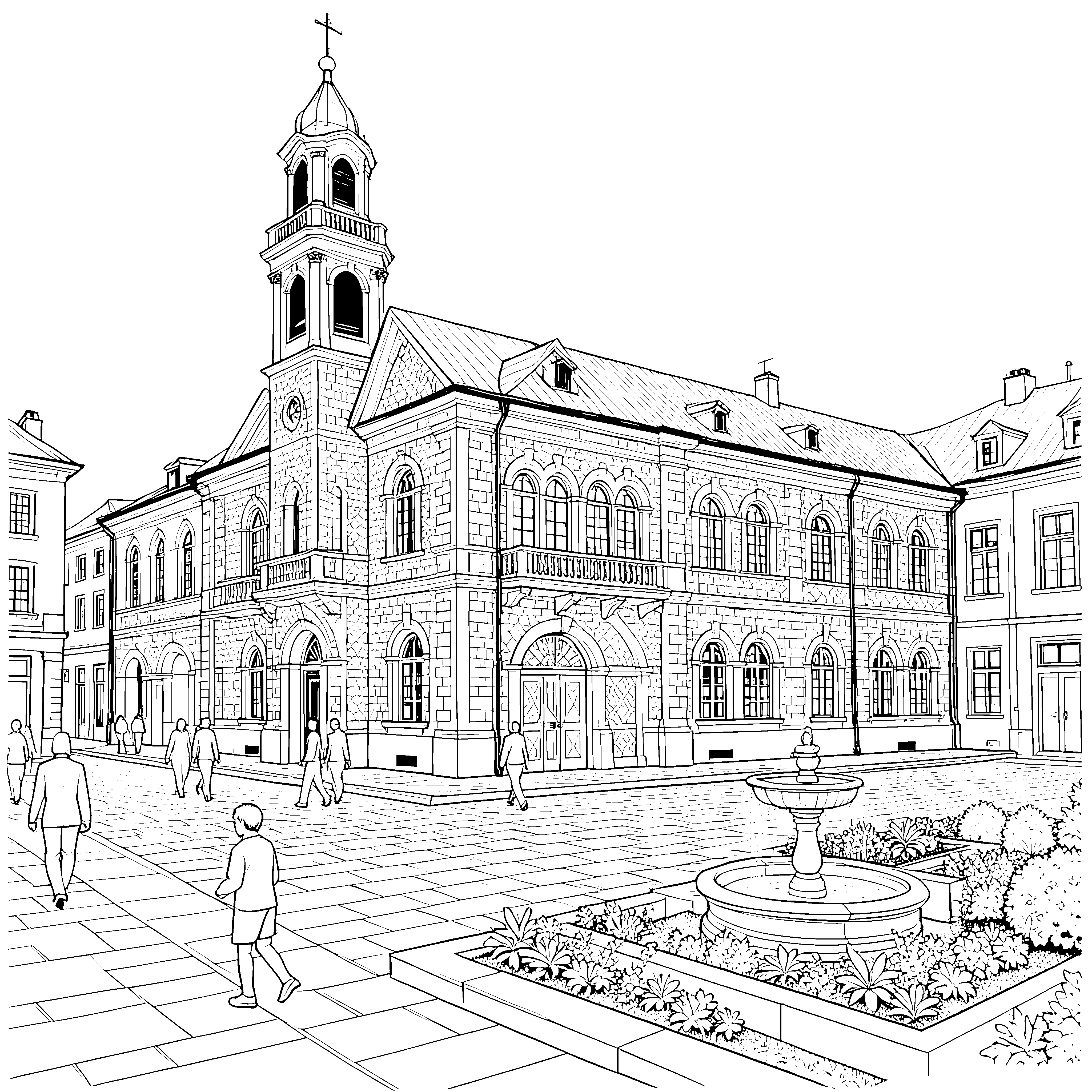 Prächtiges Rathaus mit Brunnen Malvorlage für fröhliche Stadtforscher