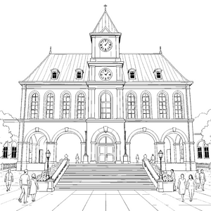Monumentales Rathaus mit Arkaden Bastelmotiv für Stadtbewohner