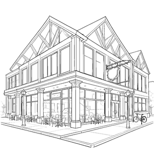 Prachtvolles Restaurant mit Fahrrad Ausmalbild für junge Stadtforscher