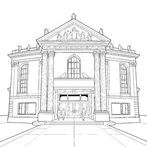Edles Theater mit Säulen und Skulpturen Ausmalvorlage für kreative Kulturliebhaber