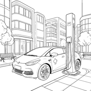 Fortschrittliches Elektroauto an der Ladestation Bastelvorlage für kreative Stadtbewohner