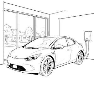 Modernes Elektroauto an der Ladestation Ausmalvorlage für malfreudige Technikfans