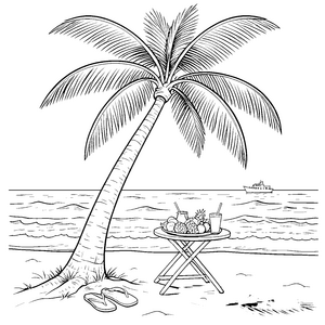 Entspannte Palme mit Obstteller Malbild für junge Strandurlauber