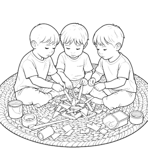 Konzentrierte Kinder mit Holzstücken Malbild für fröhliche Handwerker