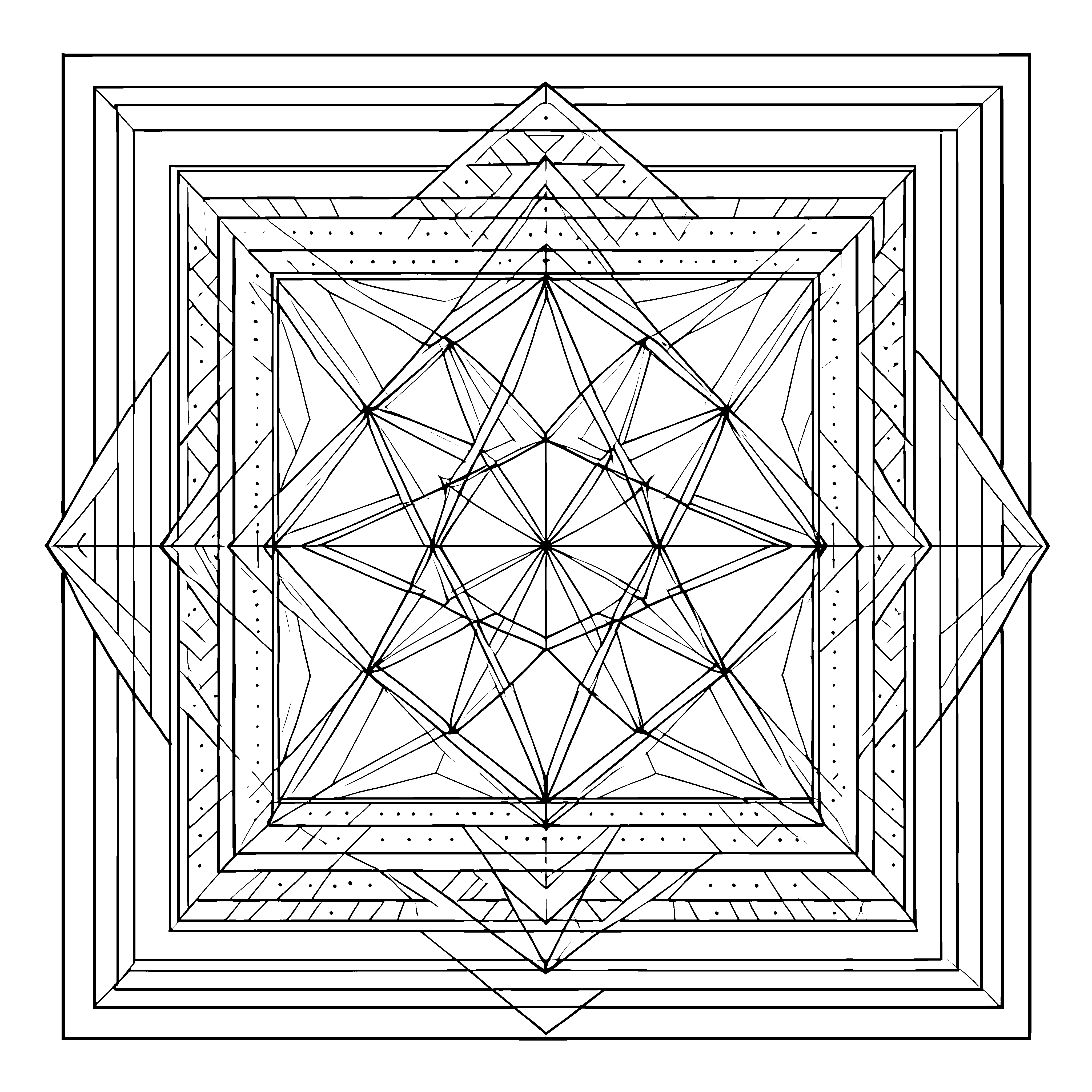 Symmetrisches Quadrat-Mandala mit Sternen Malvorlage für fröhliche Formgenies