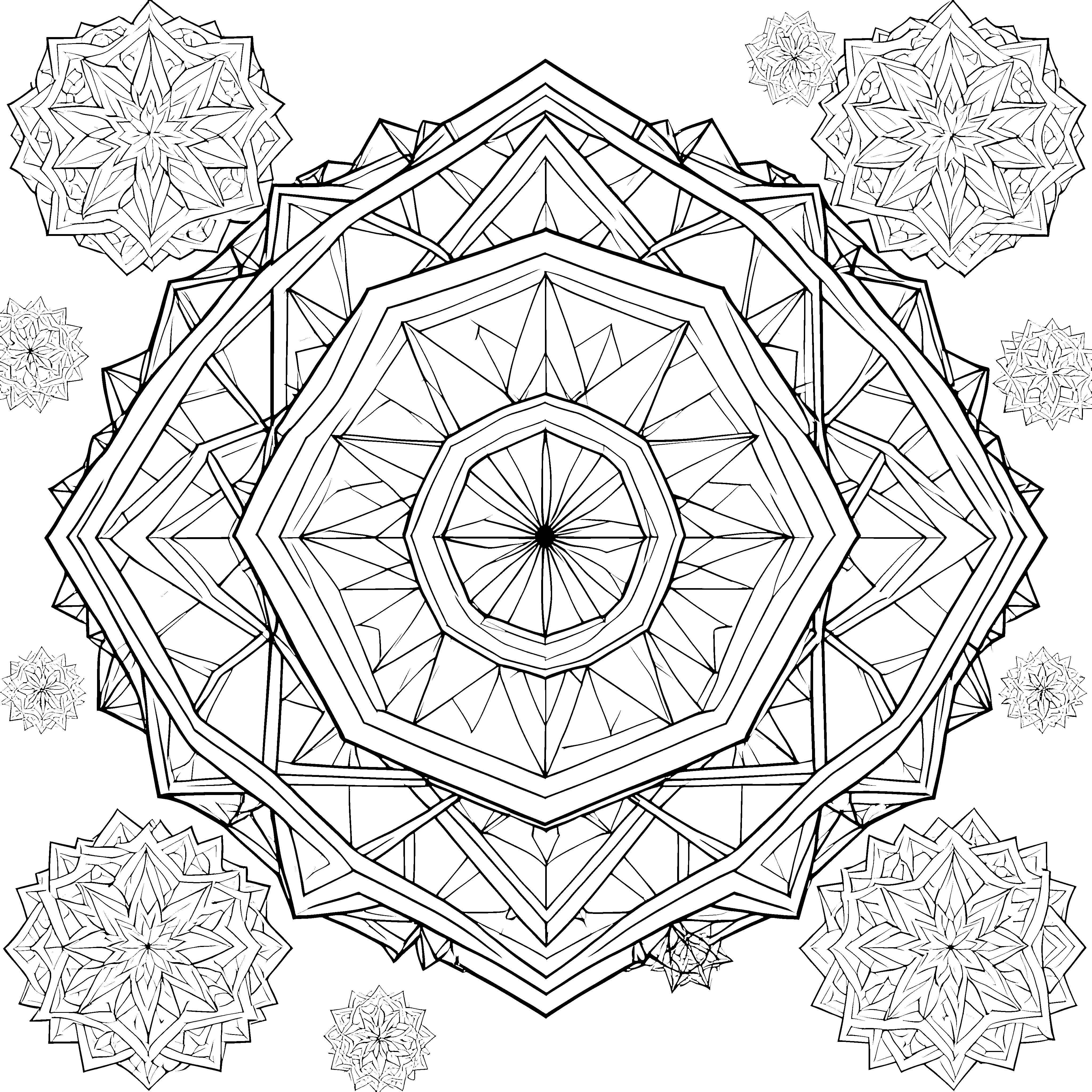 Symmetrisches Sternen-Mandala Ausmalbild für kreative Linienzeichner