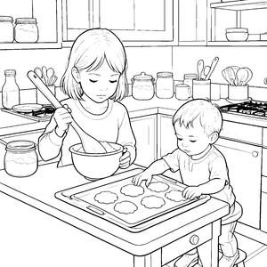 Ausgeglichene Kinder beim Keksebacken Bastelmotiv für junge Backhelden
