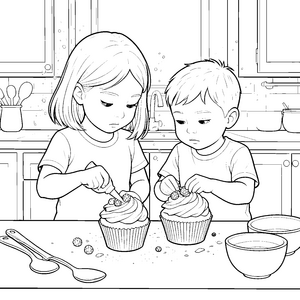 Konzentrierte Kinder beim Cupcake-Dekorieren Malbild für kleine Naschköpfchen