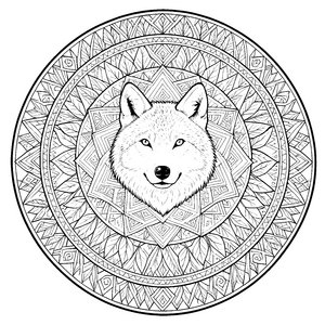 Geheimnisvoller Wolfskopf im Blumenkreis Malbild für neugierige Waldgeister