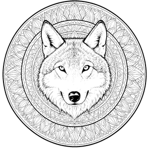 Mystischer Wolfskopf im Blumenkreis Bastelvorlage für kreative Waldkinder