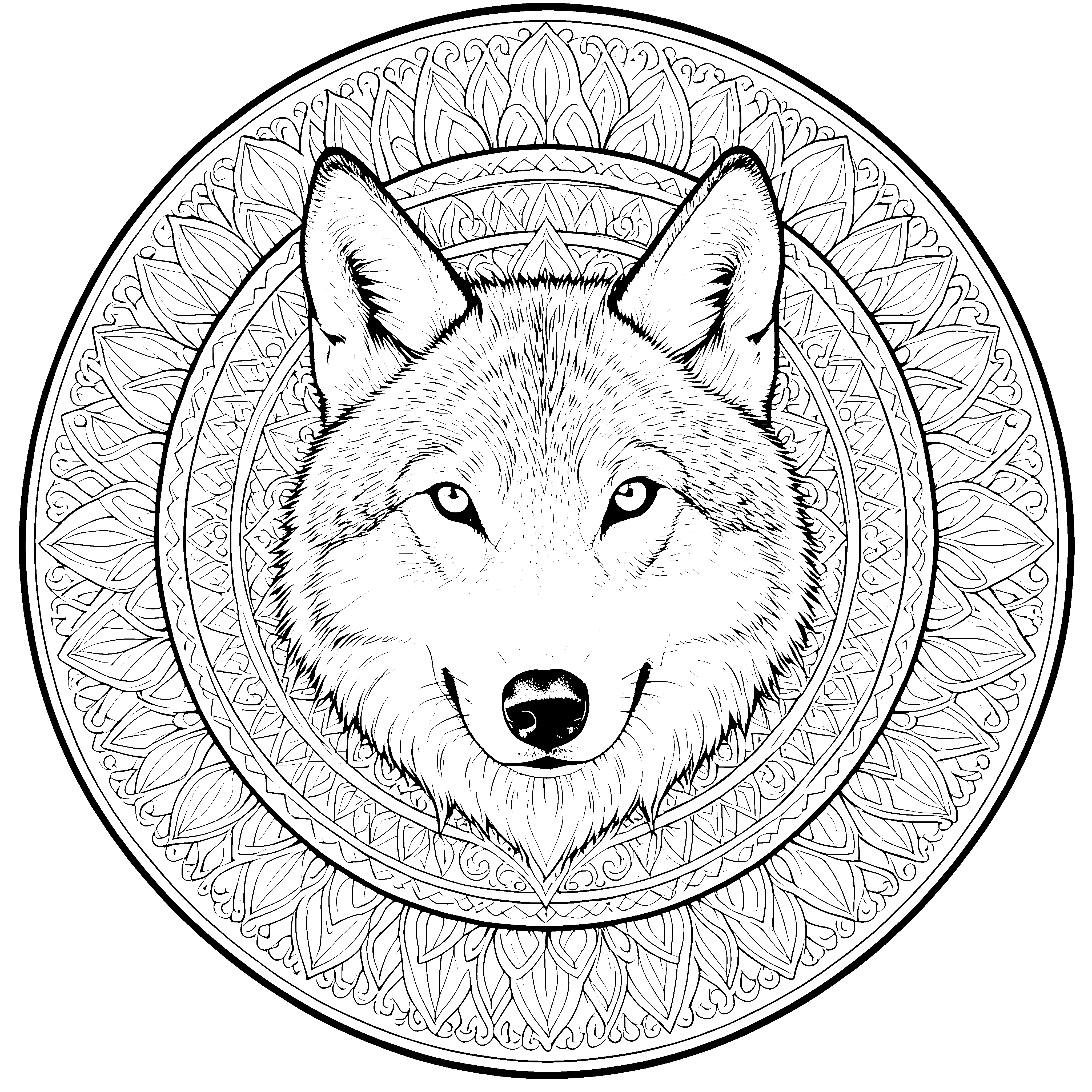 Mystischer Wolfskopf im Blumenkreis Bastelvorlage für kreative Waldkinder