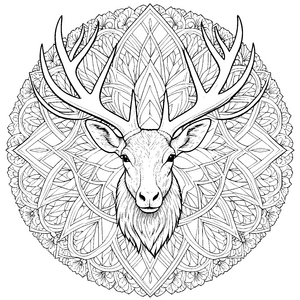 Majestätischer Hirschkopf im floralen Mandala-Ausmalbild für kleine Waldbewohner