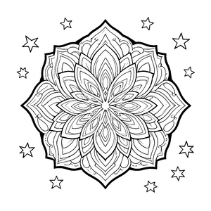 Prachtvolles Blüten-Mandala mit Sternen Ausmalbild für mutige Sternenstaubsammler