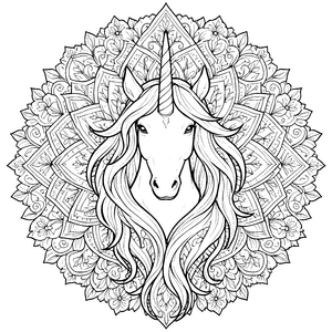 Detailreiches Einhorn-Mandala mit Mähne Malvorlage für mutige Blütenfreunde