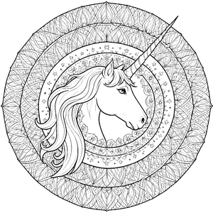 Geometrisches Einhorn-Mandala mit Sternen Malvorlage für malfreudige Sternengucker