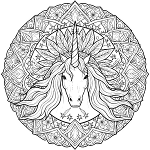 Prachtvolles Einhorn-Mandala mit Blättern Ausmalbild für verträumte Waldgeister