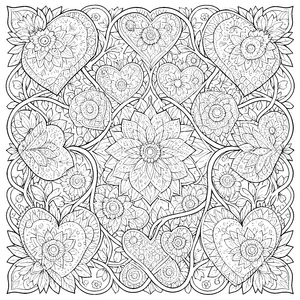 Verschnörkeltes Herz-Mandala mit Ranken Malvorlage für junge Blumenkinder