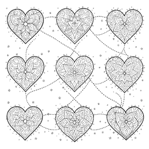 Verzierte Herz-Mandalas mit Sternen Malvorlage für fröhliche Musterfreunde