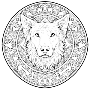 Prachtvolles Hundekopf-Mandala mit Knochen Malvorlage für kleine Hundefans