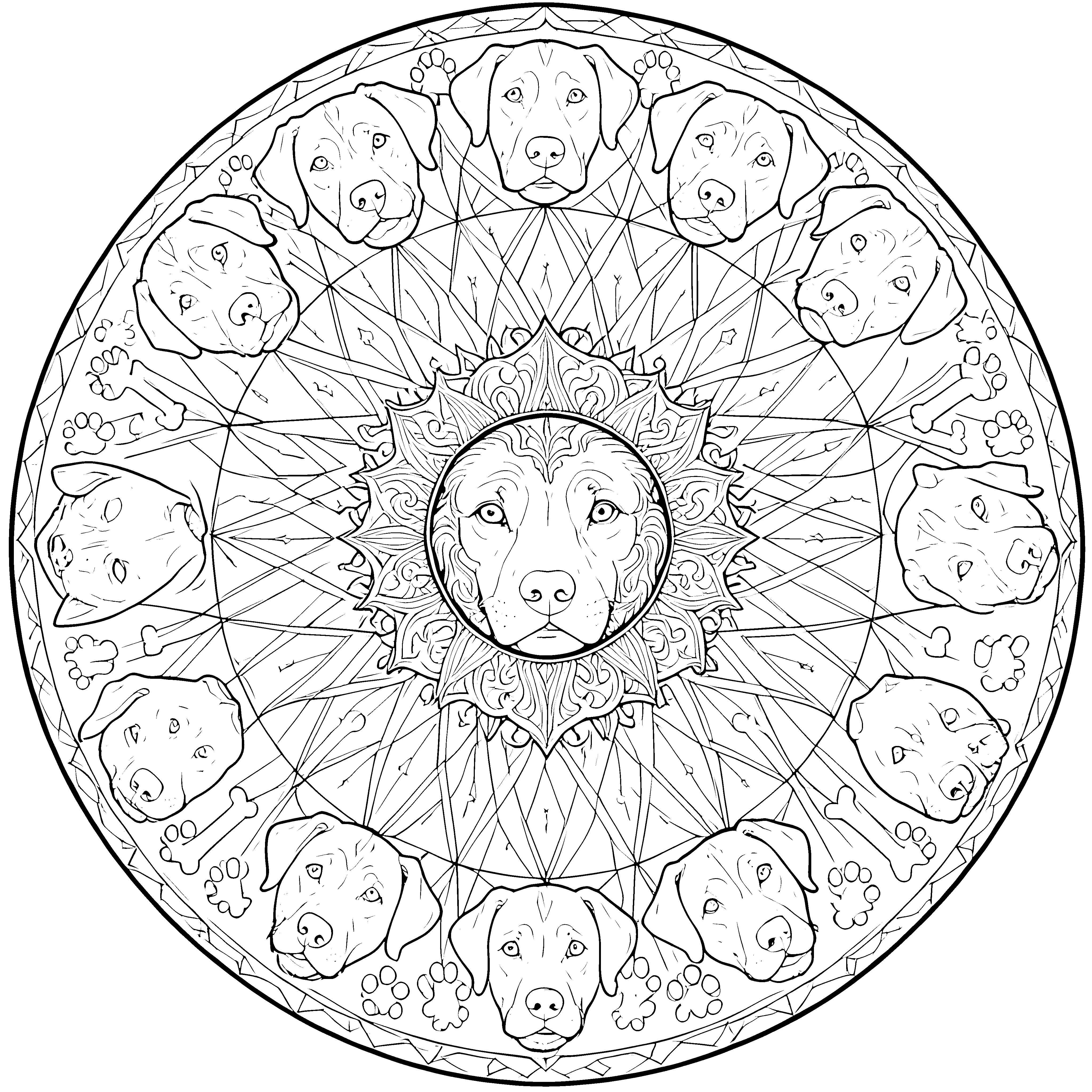 Prachtvolles Hundekopf-Mandala mit Blumen Ausmalvorlage für junge Kunstbegeisterte