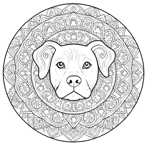 Filigranes Hundekopf-Mandala mit floralen Ornamenten Malvorlage für kleine Tierlieber