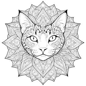 Detailreiches Katzenmandala mit Sternstruktur Malbild für kreative Musterfreunde