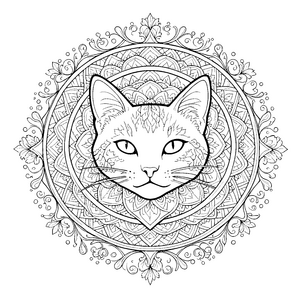 Filigranes Katzengesicht im floralen Mandala Bastelvorlage für junge Kunstbegeisterte