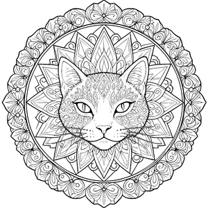 Ornamentales Katzenmandala mit geometrischen Mustern Malbild für verträumte Tierfreunde