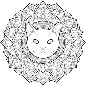 Symmetrisches Katzenmandala mit Blumenmustern Ausmalvorlage für kleine Kunstschaffende