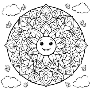 Strahlende Sonne mit Schmetterlingen Ausmalvorlage für Sonnenanbeter
