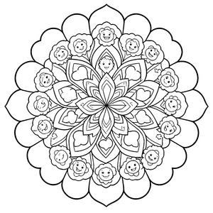 Fröhliches Blumen-Mandala mit lächelnden Gesichtern Malvorlage für Blumenkinder