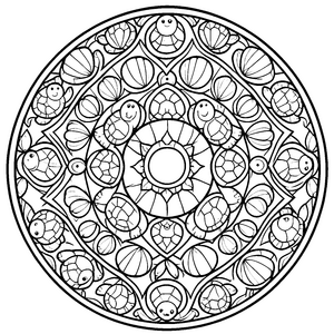 Verspieltes Schildkröten-Mandala Malvorlage für kleine Meeresfreunde