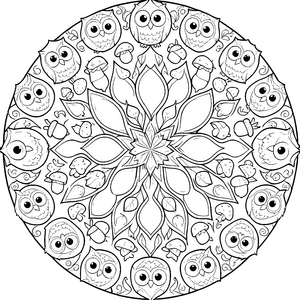 Magisches Eulen-Mandala mit Pilzen Bastelvorlage für Waldtiere