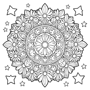 Farbenfrohes Blumen und Sternen-Mandala Bastelvorlage für Sternenfreunde