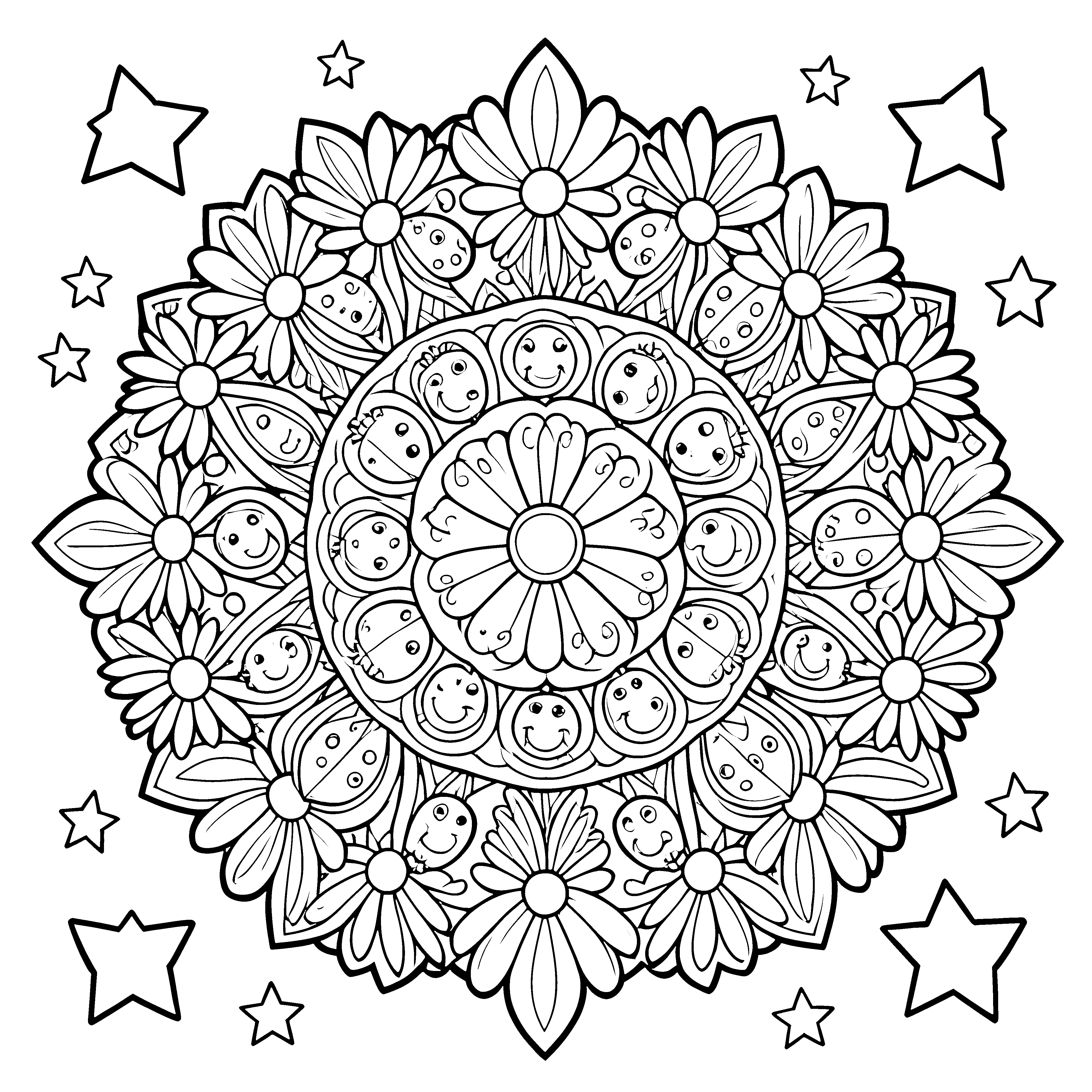 Farbenfrohes Blumen und Sternen-Mandala Bastelvorlage für Sternenfreunde