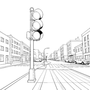 Belebte Stadtstraße mit Ampel Ausmalvorlage für neugierige Autofahrer