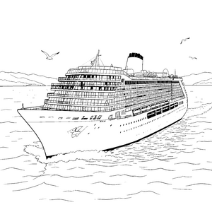 Imposantes Kreuzfahrtschiff mit Bergen Ausmalbild für mutige Wellenreiter