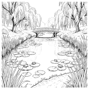 zauberhafter Teich mit Holzbrücke Bastelvorlage für kleine Wasserforscher