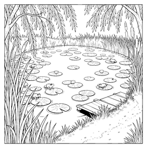 Lebendiger Teich mit Fröschen Ausmalbild für junge Wasserbewohner